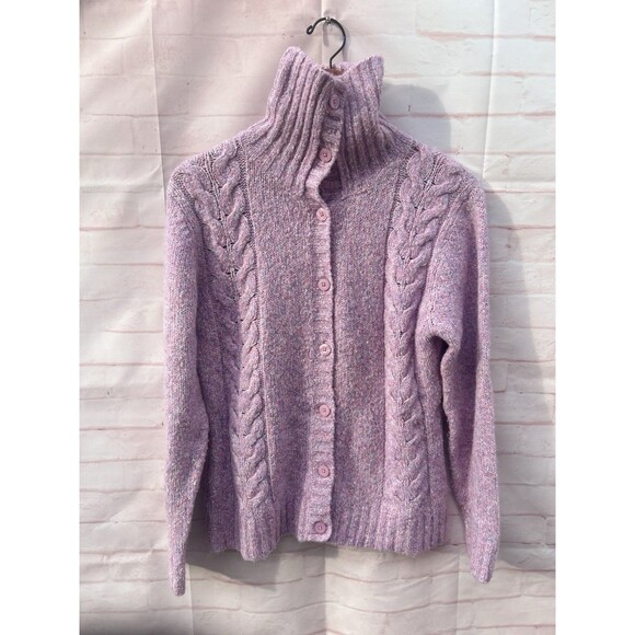 VTG LL Bean Women’s Chunky Cable Knit Button Front Cardigan Sweater Pink Wool - Picture 7 of 7
